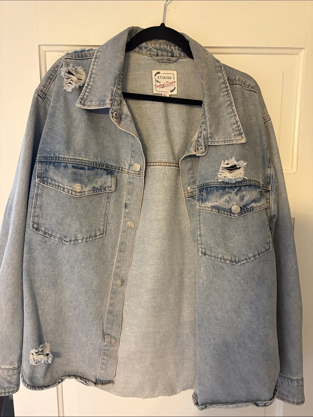 Stoosh Light Wash Distressed Denim Jacket in Light Blue